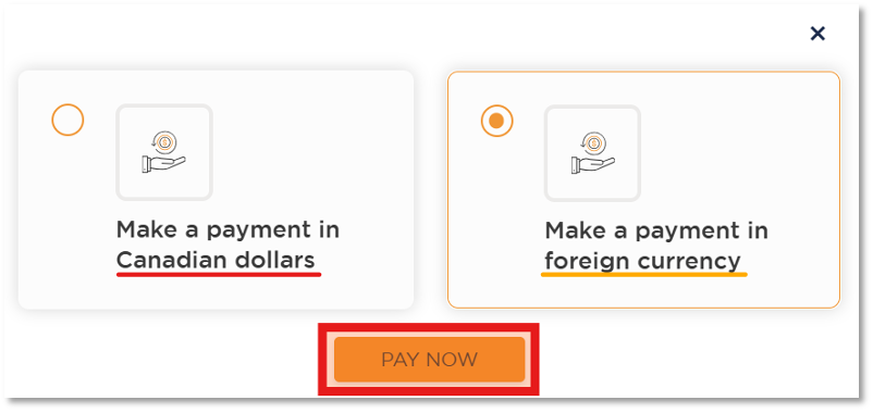 A screenshot of the PayMyTuition currency selection screen for international payments