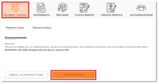A screenshot of the Self Service Make a Payment screen