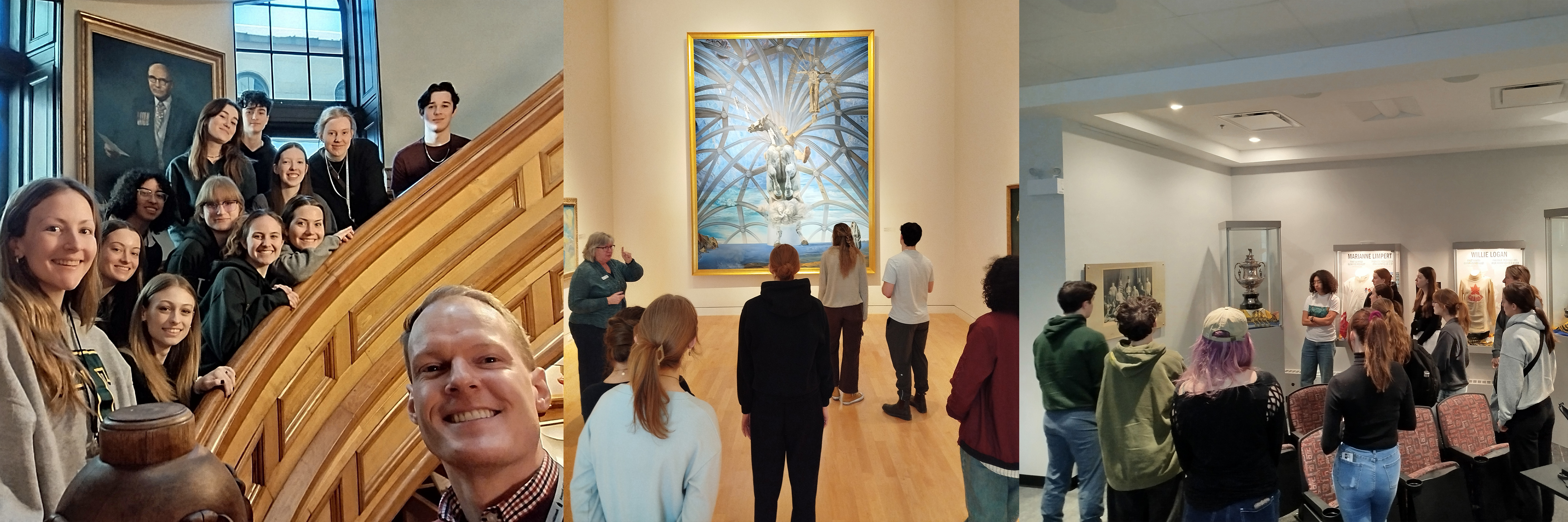 A collage of three photos showing groups of students at the Provincial Legislature, Beaverbrook Art Gallery, and NB Sports Hall of Fame