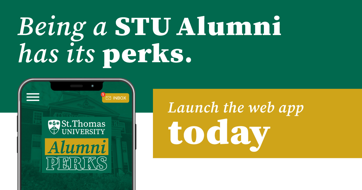 A cell phone that has Alumni Perks Open with the words 