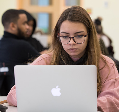 Student in pink shirt at desk on computer