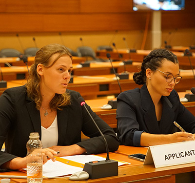 Two students, Laura Rea (left) and Graci Young (right) participating at the Nelson Mandela World Human Rights Moot court competition at the United Nations in Geneva, July 2022