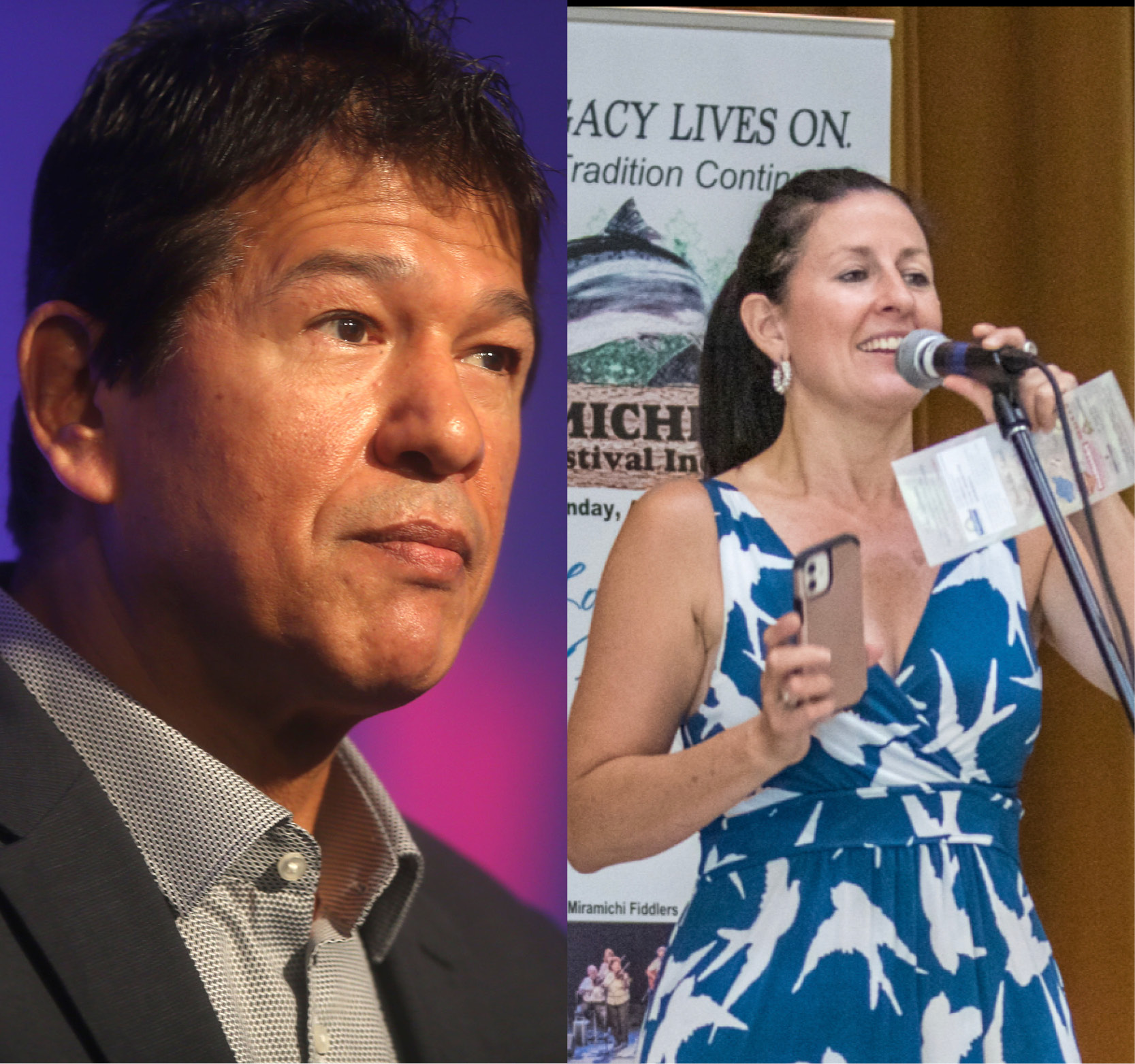 Cropped side by side image of Ted Nolan and Melanie Ross performing on stage with microphone