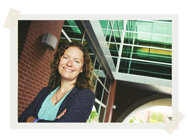 Dr. Erin Fredericks standing in the wind tunnel outside Margaret McCain Hall