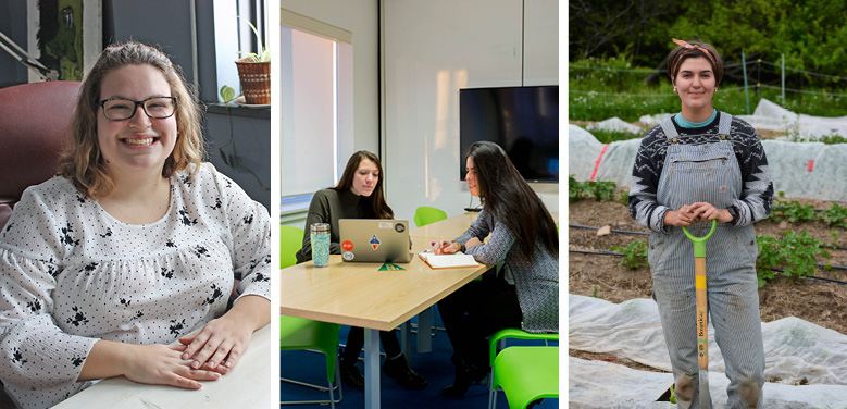 Three photos. Left to right - a student intern sitting at their workplace. Two students looking at a laptop in a boardroom. A student on their internship placement