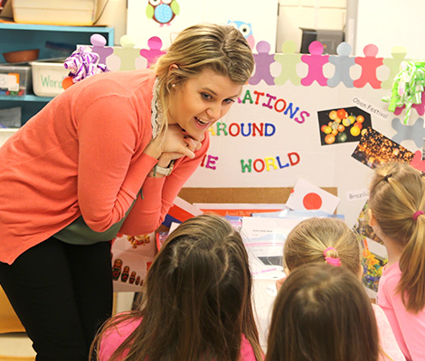 Photos of a female student teaching children in a classroom