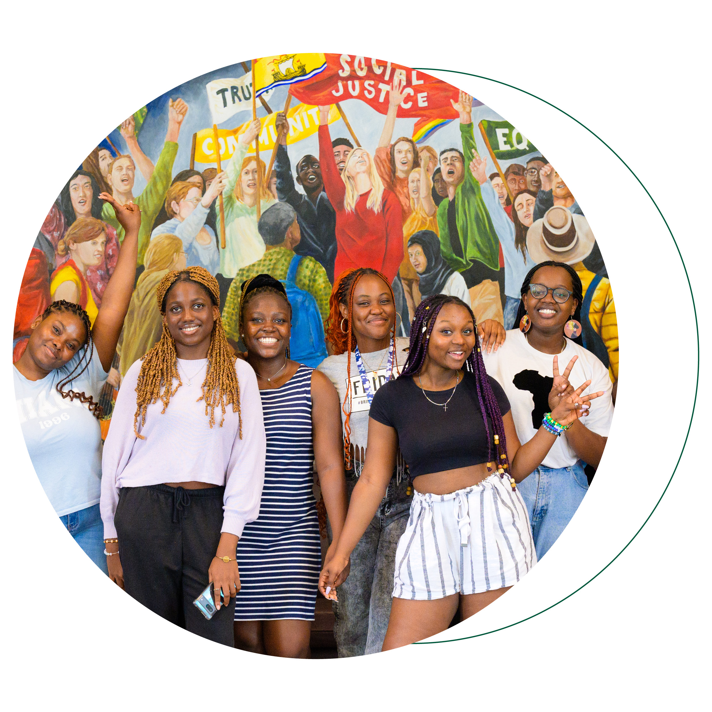 Photos of many students standing in front of a mural on STU campus