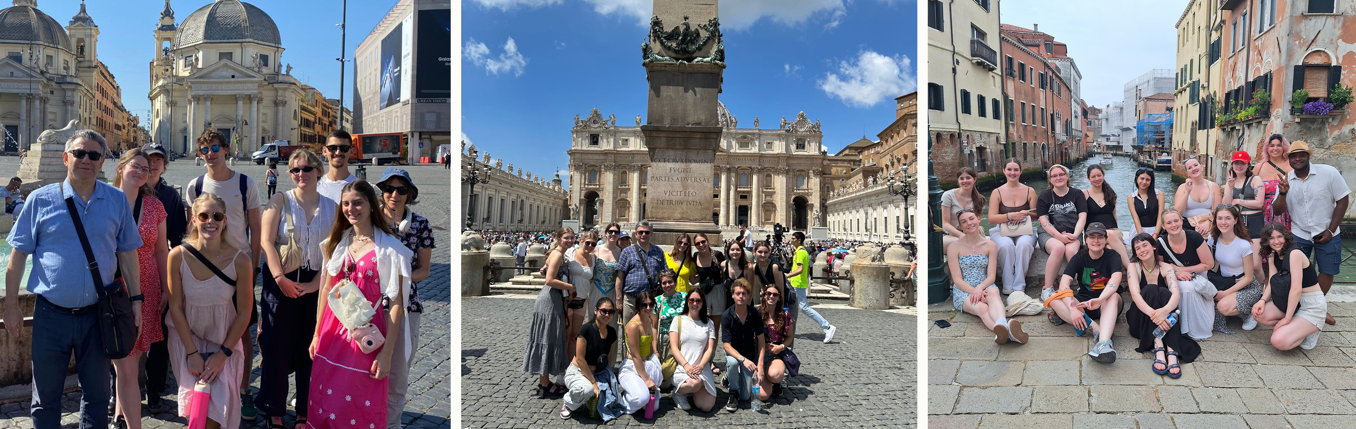 A cluster of three photos showing a group of students at different locations in Italy