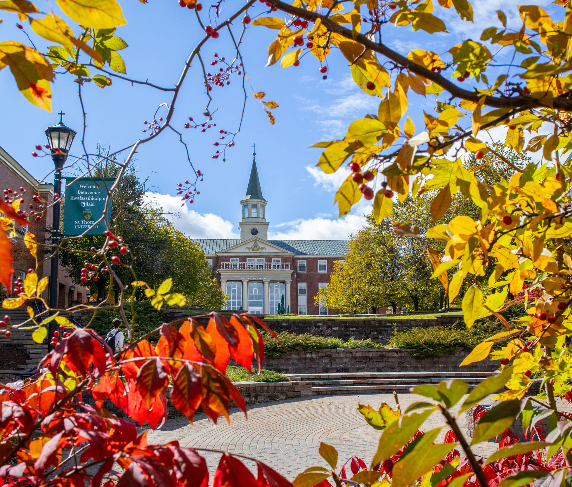 George Martin Hall surrounded by coloured leaves